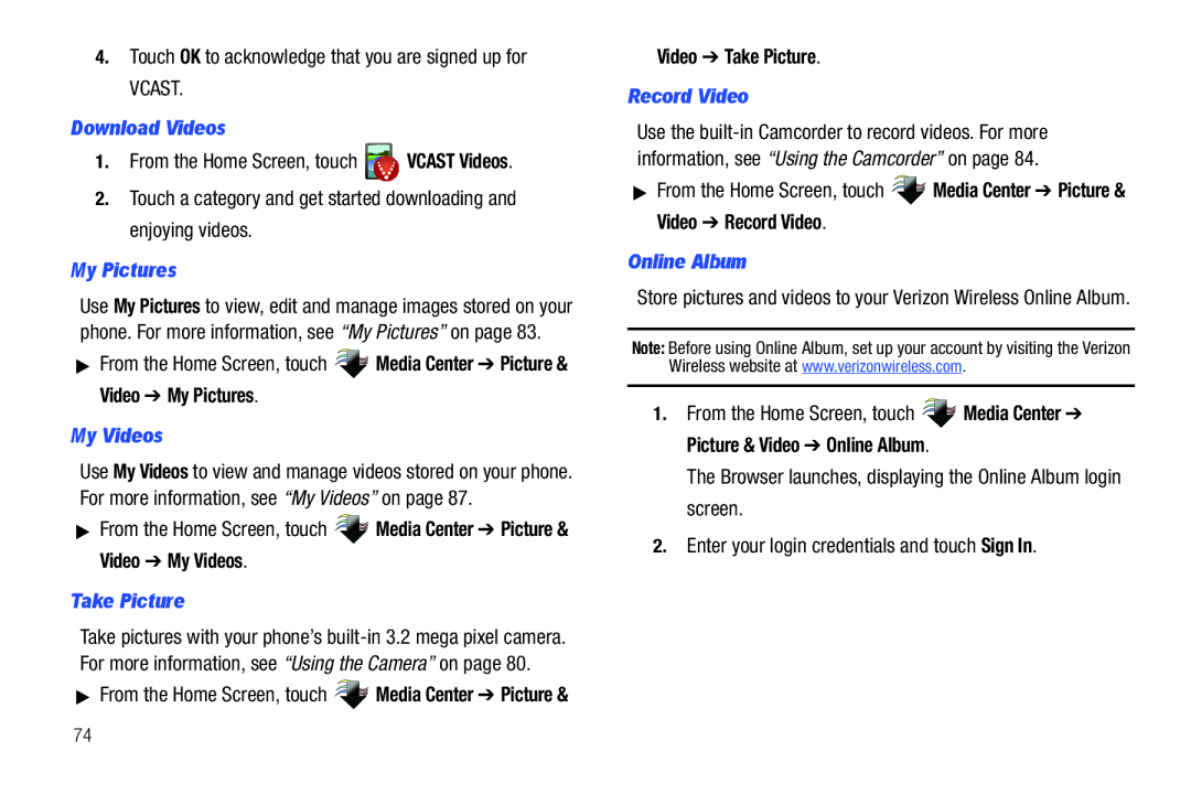 Verizon GH68-36252A manual Download Videos, My Pictures, My Videos, Take Picture, Record Video, Online Album 