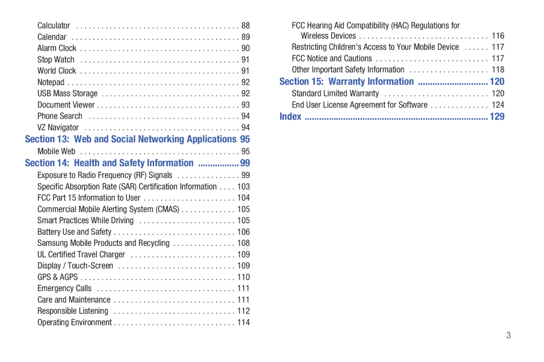 Verizon GH68-36252A Web and Social Networking Applications, FCC Hearing Aid Compatibility HAC Regulations for, 120, 129 