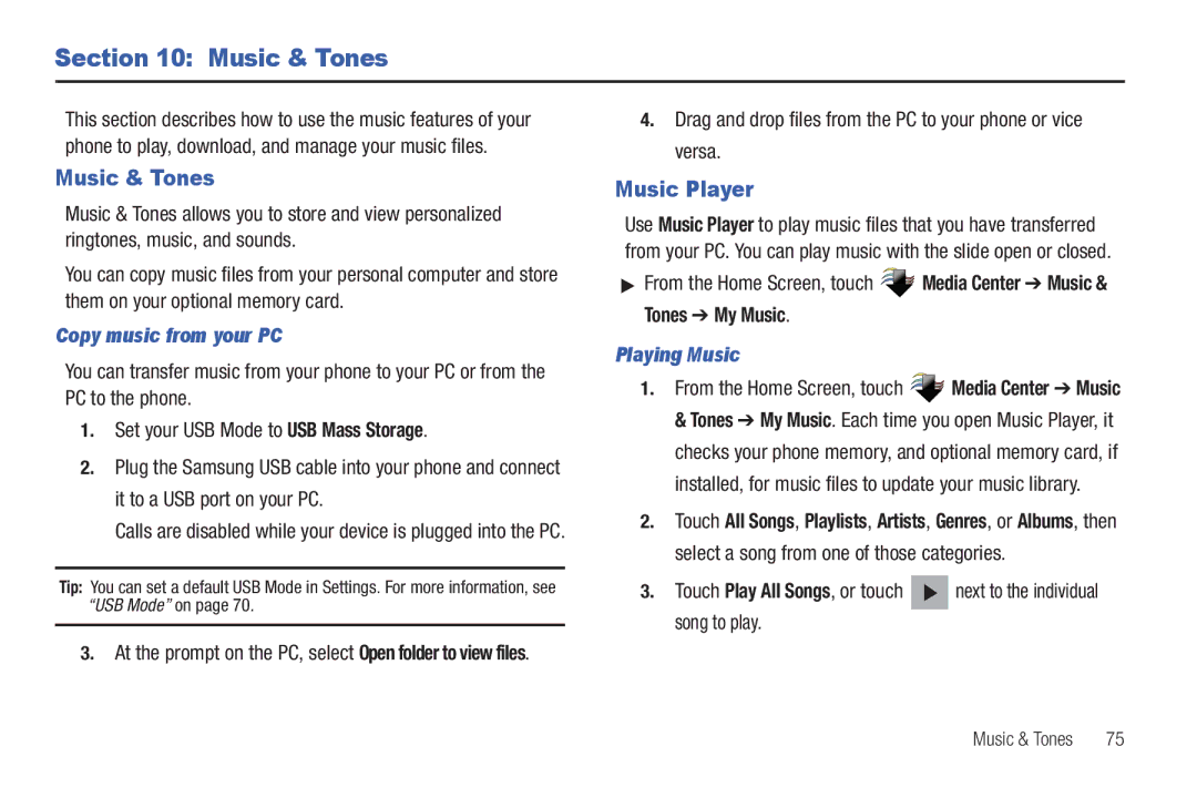 Verizon GH68-36252A manual Music & Tones, Music Player, Copy music from your PC, Playing Music 