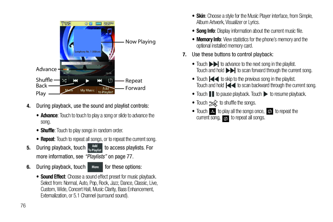 Verizon GH68-36252A manual Repeat, Use these buttons to control playback, Touch to shuffle the songs 