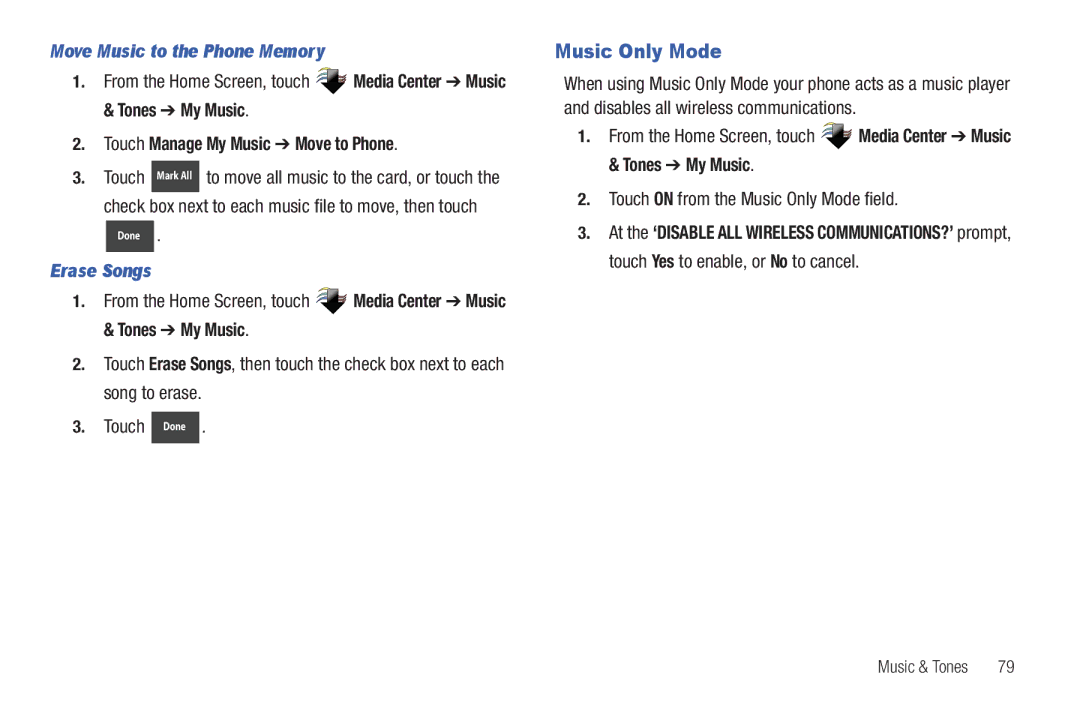 Verizon GH68-36252A manual Move Music to the Phone Memory, Erase Songs, Touch on from the Music Only Mode field 