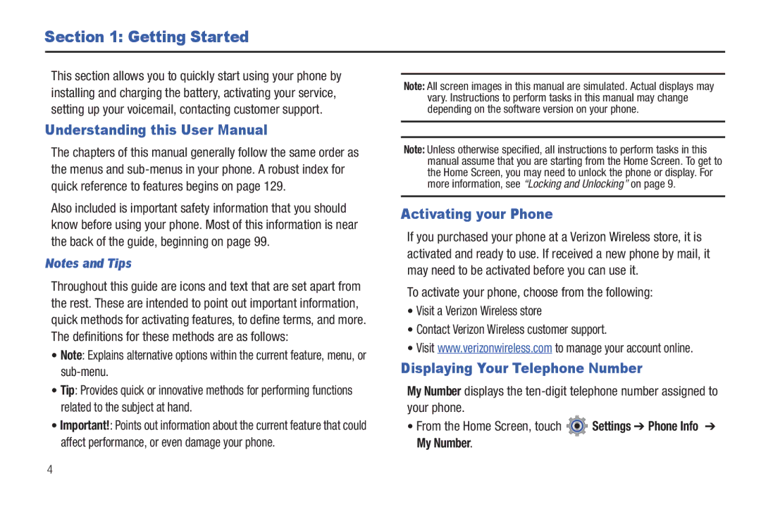 Verizon GH68-36252A manual Getting Started, Activating your Phone, Displaying Your Telephone Number 