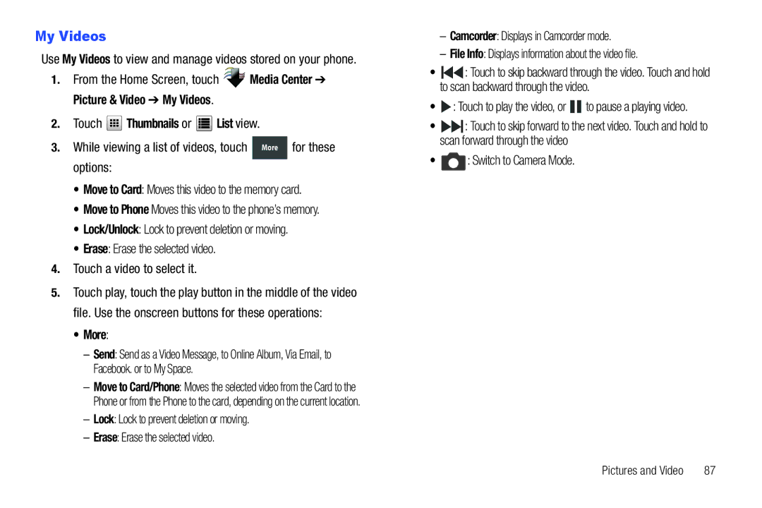 Verizon GH68-36252A manual My Videos, Switch to Camera Mode, Move to Phone Moves this video to the phone’s memory 