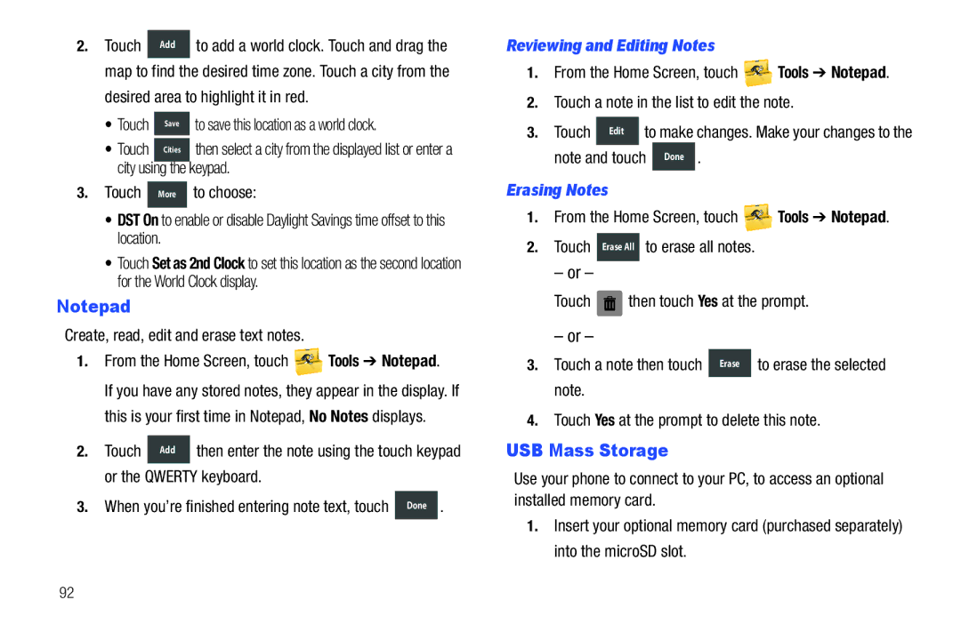 Verizon GH68-36252A manual USB Mass Storage, Reviewing and Editing Notes, Erasing Notes 