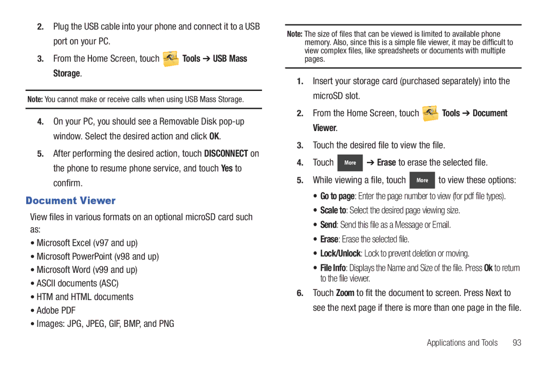 Verizon GH68-36252A manual Document Viewer, From the Home Screen, touch Tools USB Mass Storage, MicroSD slot 