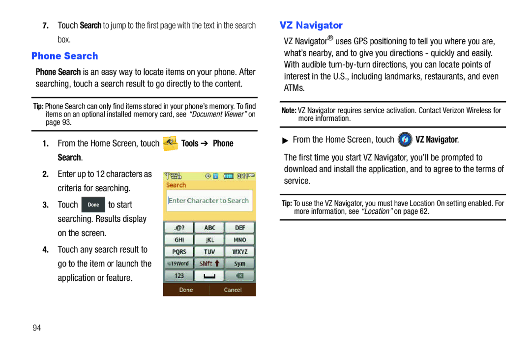 Verizon GH68-36252A manual VZ Navigator, From the Home Screen, touch Tools Phone Search 
