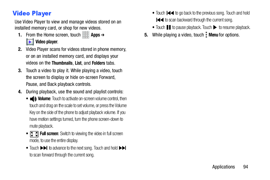 Verizon GH68-36971A manual Video Player, Video player, To scan backward through the current song 