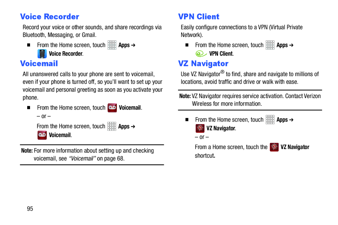 Verizon GH68-36971A manual Voice Recorder, VPN Client, VZ Navigator 