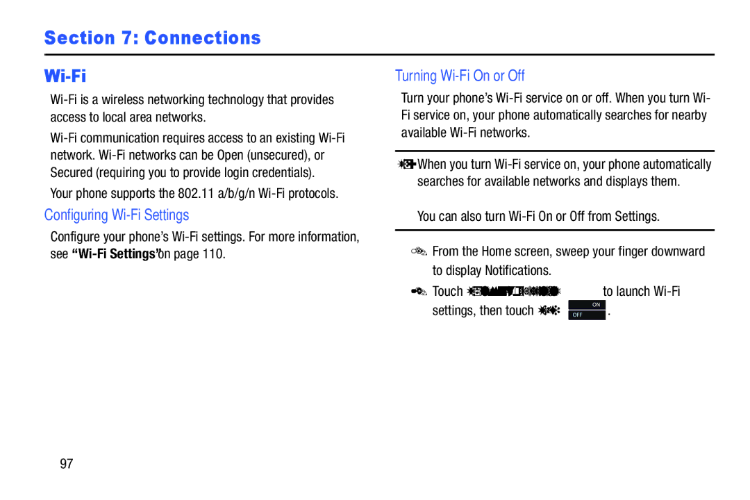 Verizon GH68-36971A manual Configuring Wi-Fi Settings, Turning Wi-Fi On or Off, Settings, then touch Wi-Fi 