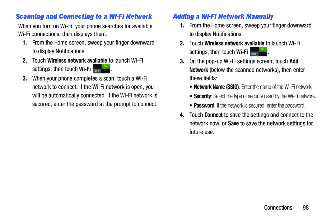 Verizon GH68-36971A manual Adding a Wi-Fi Network Manually, Scanning and Connecting to a Wi-Fi Network 