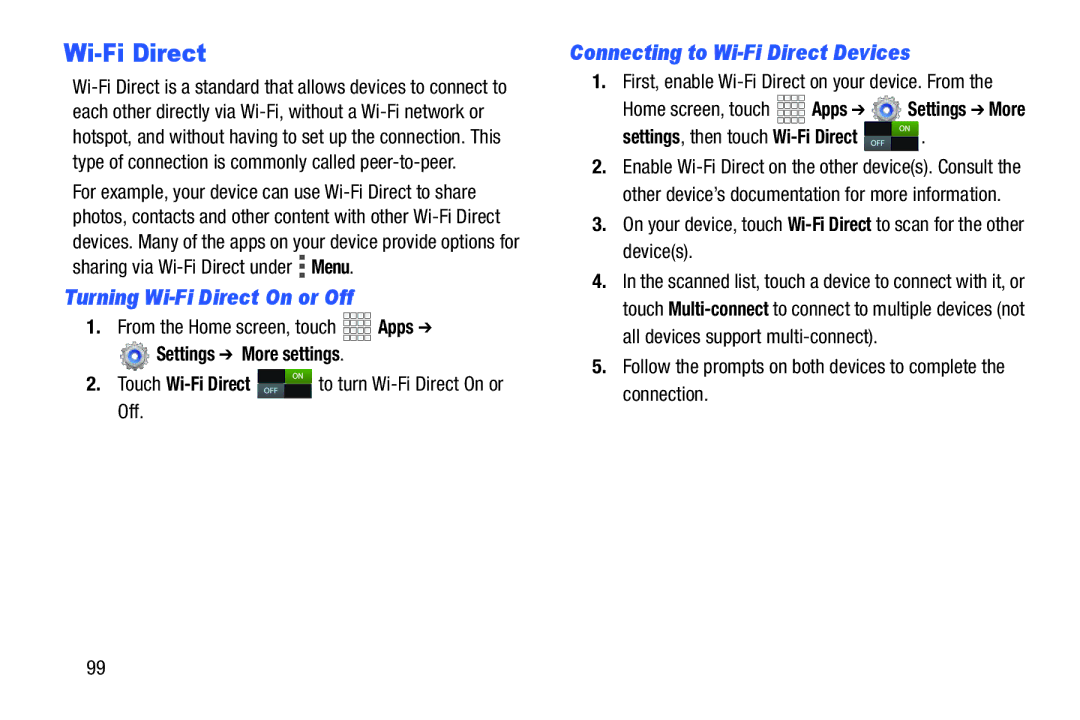 Verizon GH68-36971A Turning Wi-Fi Direct On or Off, Touch Wi-Fi Direct, First, enable Wi-Fi Direct on your device. From 