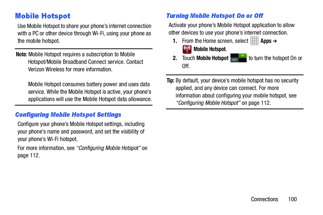 Verizon GH68-36971A manual Configuring Mobile Hotspot Settings, Turning Mobile Hotspot On or Off 