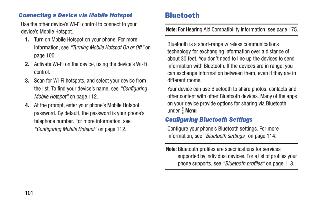 Verizon GH68-36971A manual Connecting a Device via Mobile Hotspot, Configuring Bluetooth Settings, 101 