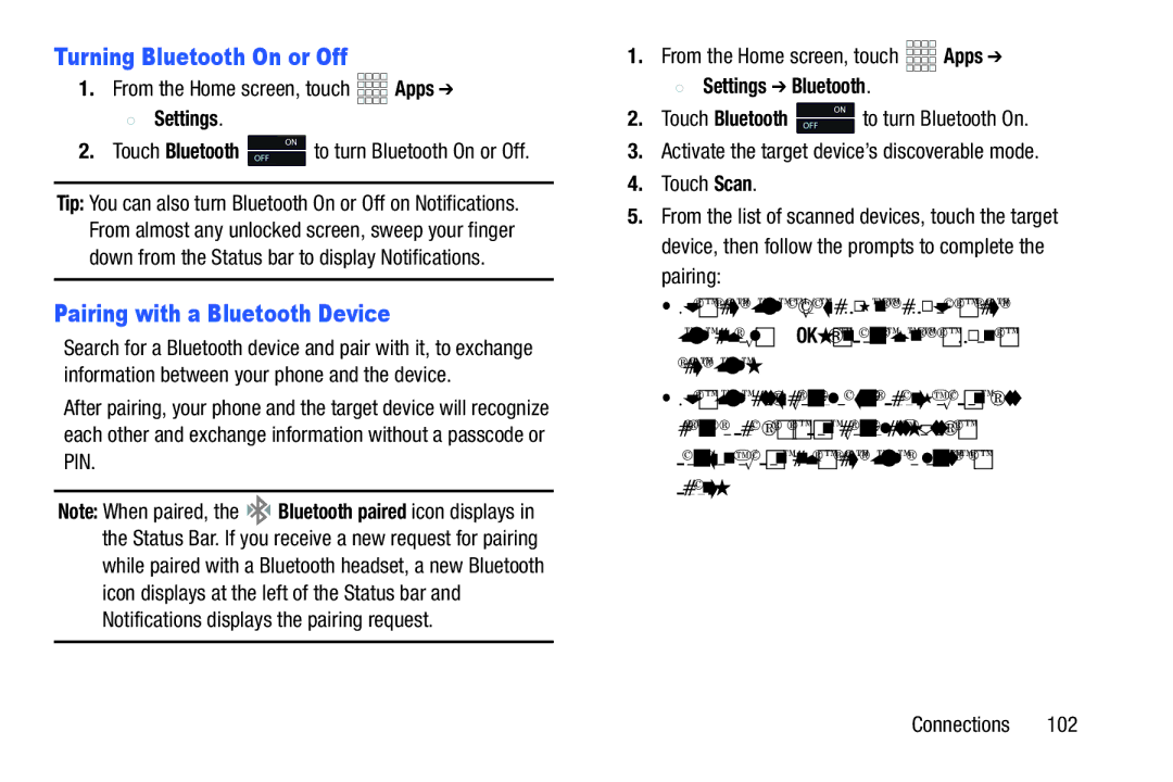 Verizon GH68-36971A manual Turning Bluetooth On or Off, Pairing with a Bluetooth Device, Settings Bluetooth 