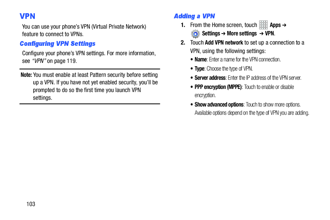 Verizon GH68-36971A manual Configuring VPN Settings, Adding a VPN, Settings More settings VPN, 103 