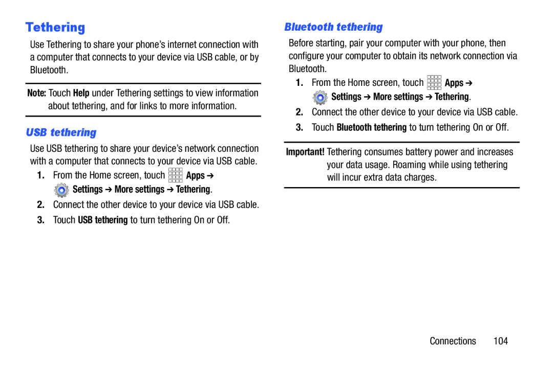 Verizon GH68-36971A manual USB tethering, Bluetooth tethering, Settings More settings Tethering 