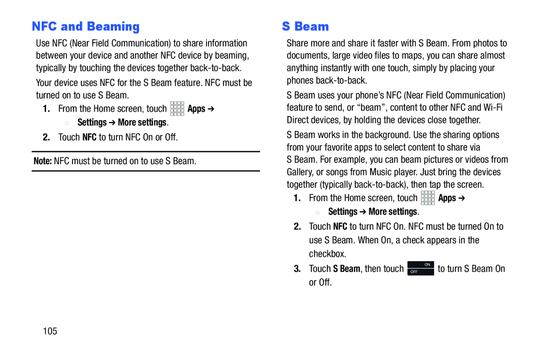 Verizon GH68-36971A manual NFC and Beaming, Settings More settings, Touch NFC to turn NFC On or Off 