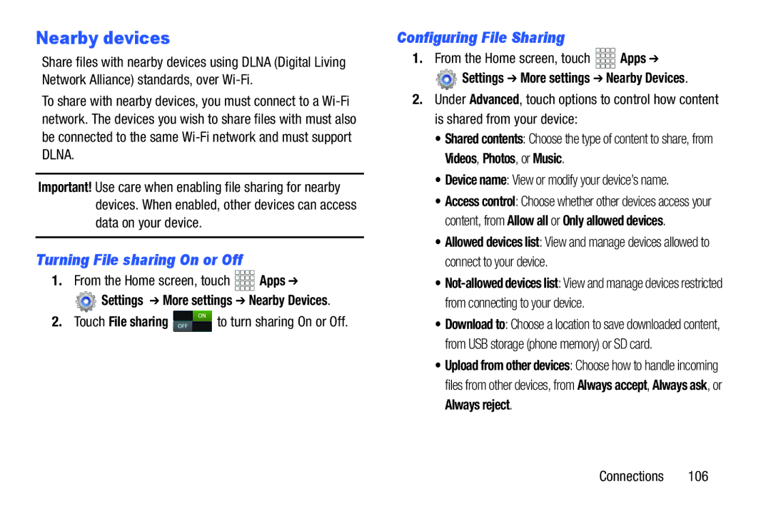 Verizon GH68-36971A manual Nearby devices, Turning File sharing On or Off, Configuring File Sharing 