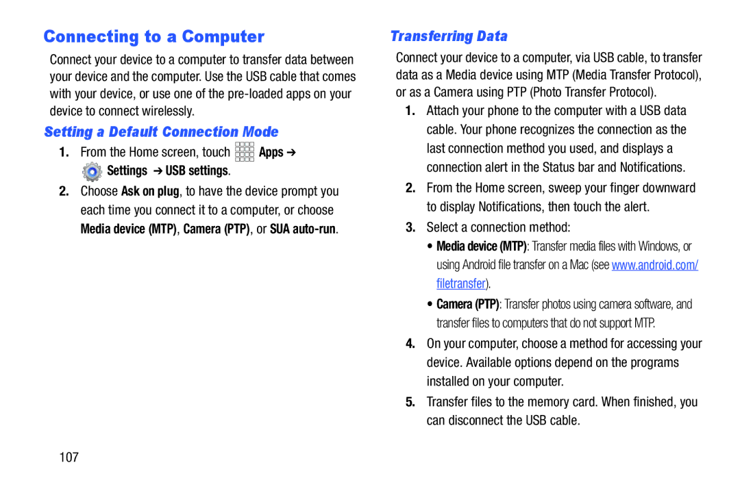 Verizon GH68-36971A Connecting to a Computer, Setting a Default Connection Mode, Transferring Data, Settings USB settings 