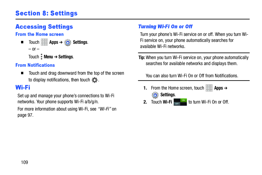 Verizon GH68-36971A manual Accessing Settings, From the Home screen,  Touch Apps Settings Touch Menu Settings 