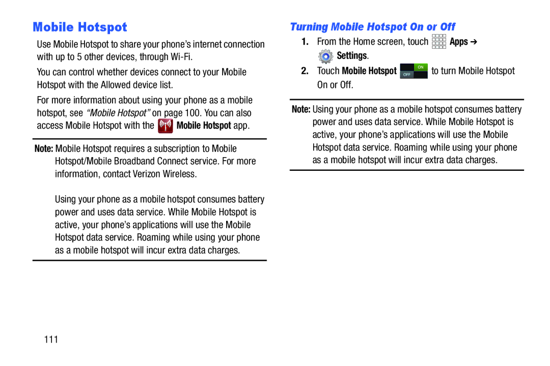 Verizon GH68-36971A manual Touch Mobile Hotspot to turn Mobile Hotspot On or Off 111 