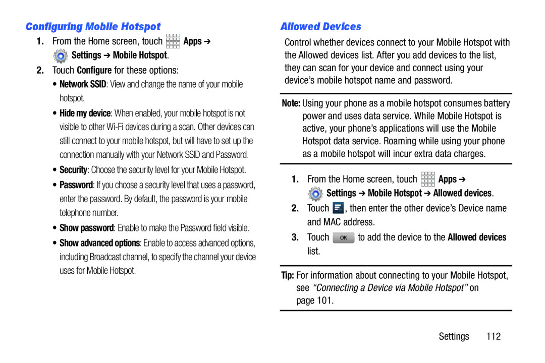 Verizon GH68-36971A manual Configuring Mobile Hotspot, Allowed Devices, Settings Mobile Hotspot 