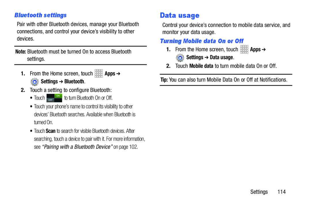 Verizon GH68-36971A manual Bluetooth settings, Turning Mobile data On or Off, Settings Data usage 