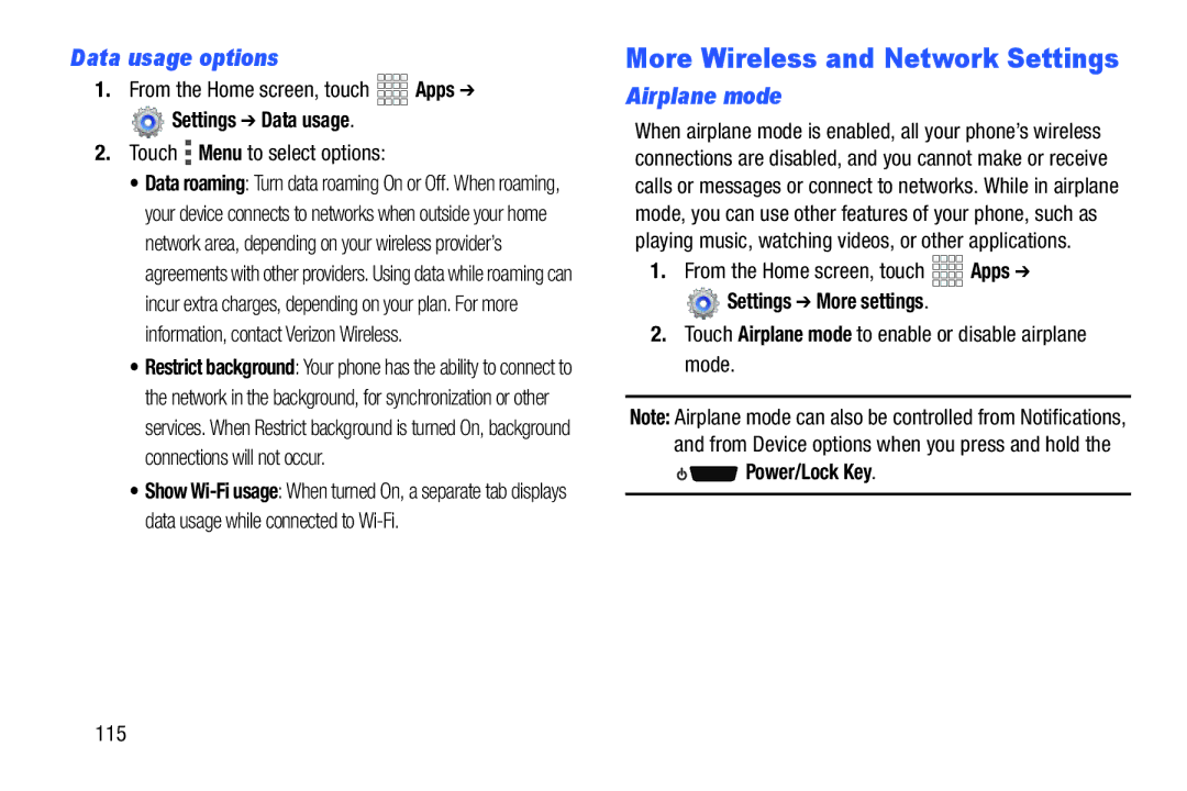 Verizon GH68-36971A manual More Wireless and Network Settings, Data usage options, Airplane mode, Power/Lock Key 