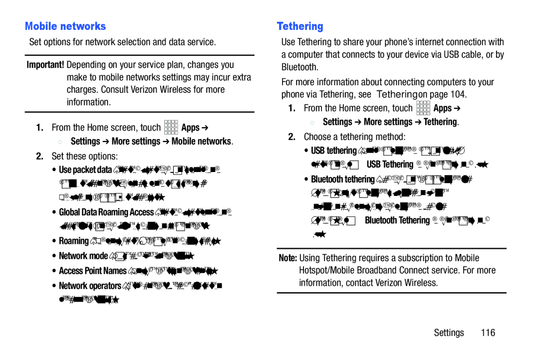 Verizon GH68-36971A Mobile networks, Tethering, Set options for network selection and data service, Set these options 