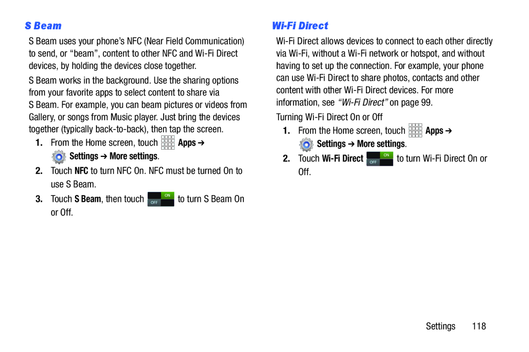 Verizon GH68-36971A manual Beam, Touch Wi-Fi Direct to turn Wi-Fi Direct On or Off Settings 