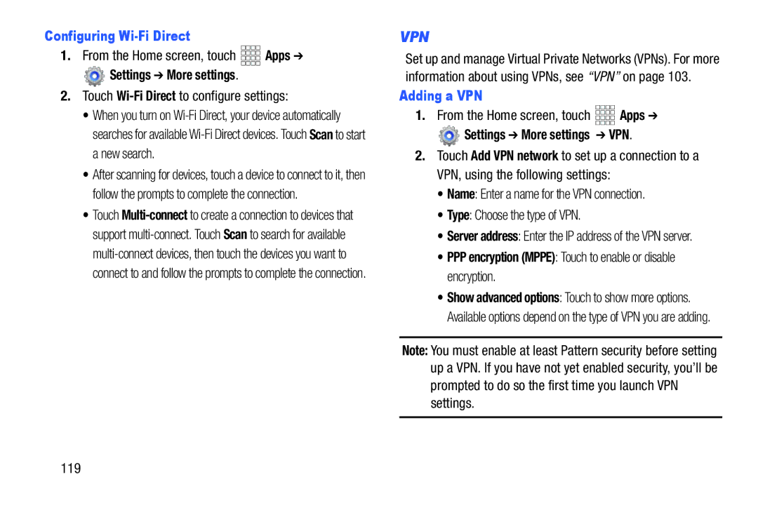 Verizon GH68-36971A manual Configuring Wi-Fi Direct, Touch Wi-Fi Direct to configure settings, Adding a VPN, 119 