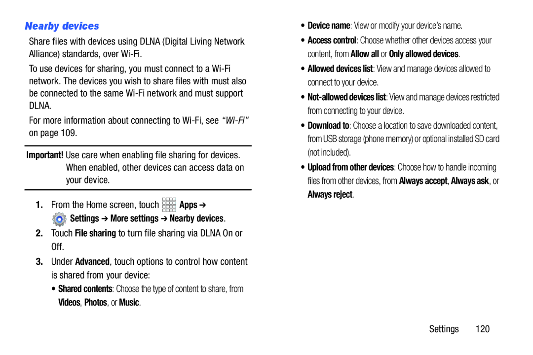 Verizon GH68-36971A manual Settings More settings Nearby devices 