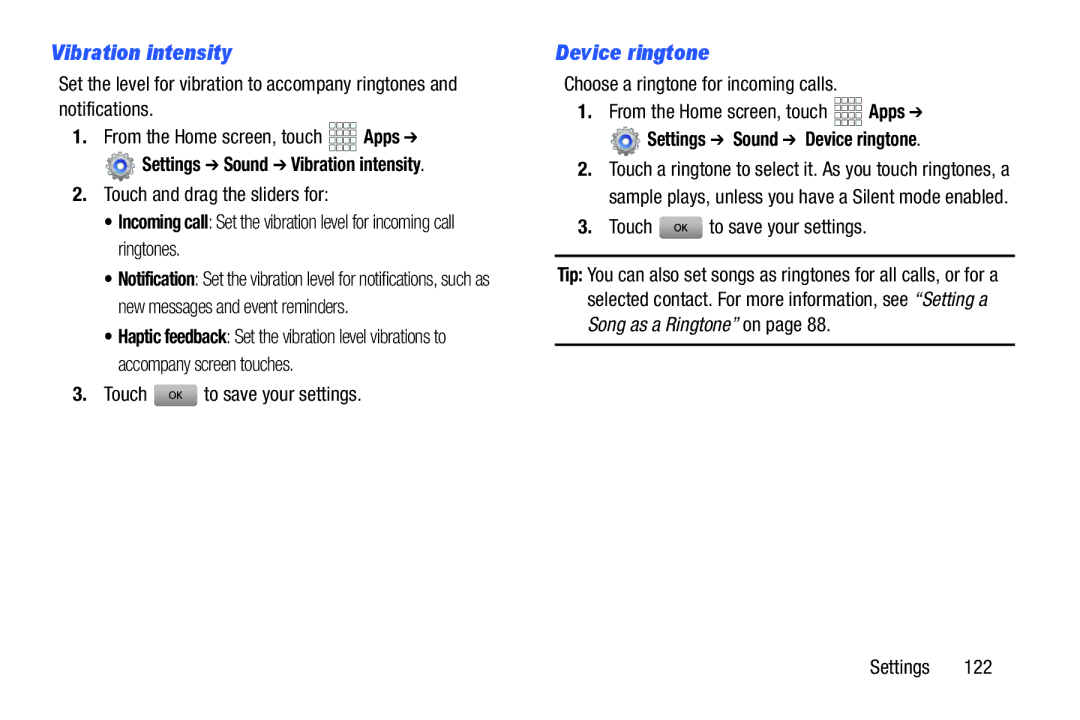 Verizon GH68-36971A manual Device ringtone, Settings Sound Vibration intensity, Touch to save your settings 