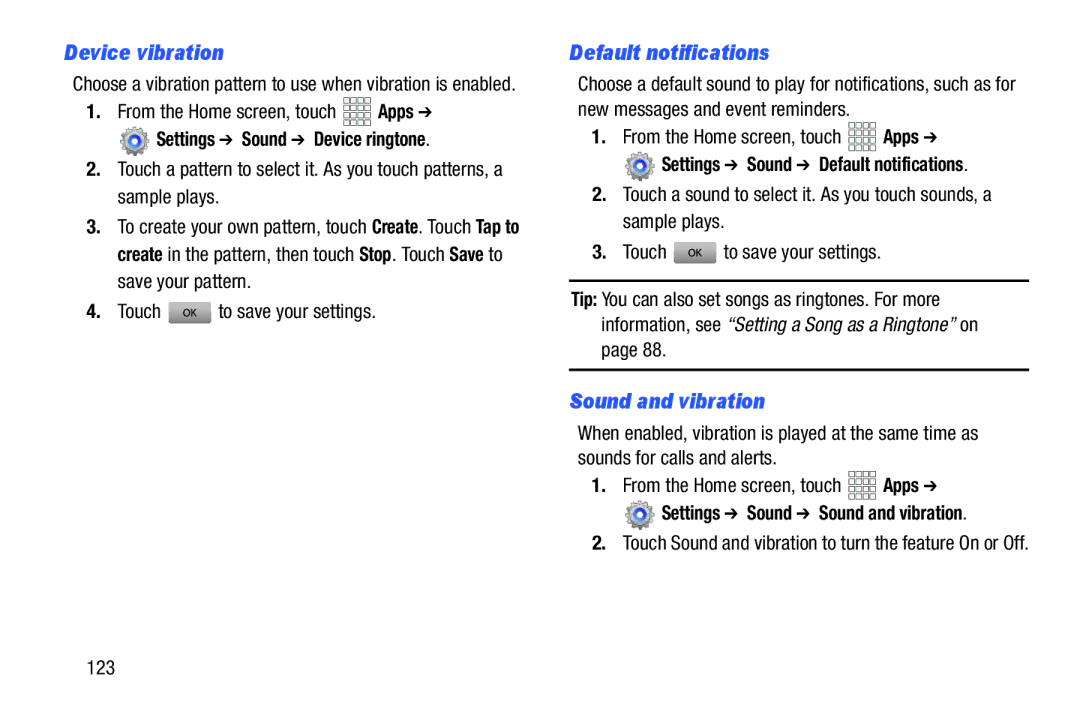 Verizon GH68-36971A manual Device vibration, Default notifications, Sound and vibration, 123 