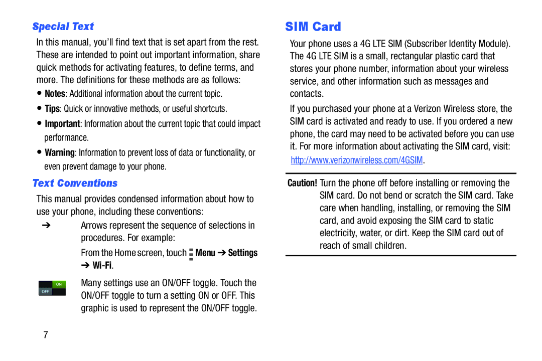 Verizon GH68-36971A SIM Card, Special Text, Text Conventions, Wi-Fi, Tips Quick or innovative methods, or useful shortcuts 