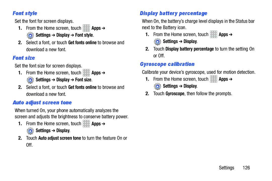 Verizon GH68-36971A Font style, Font size, Auto adjust screen tone, Display battery percentage, Gyroscope calibration 