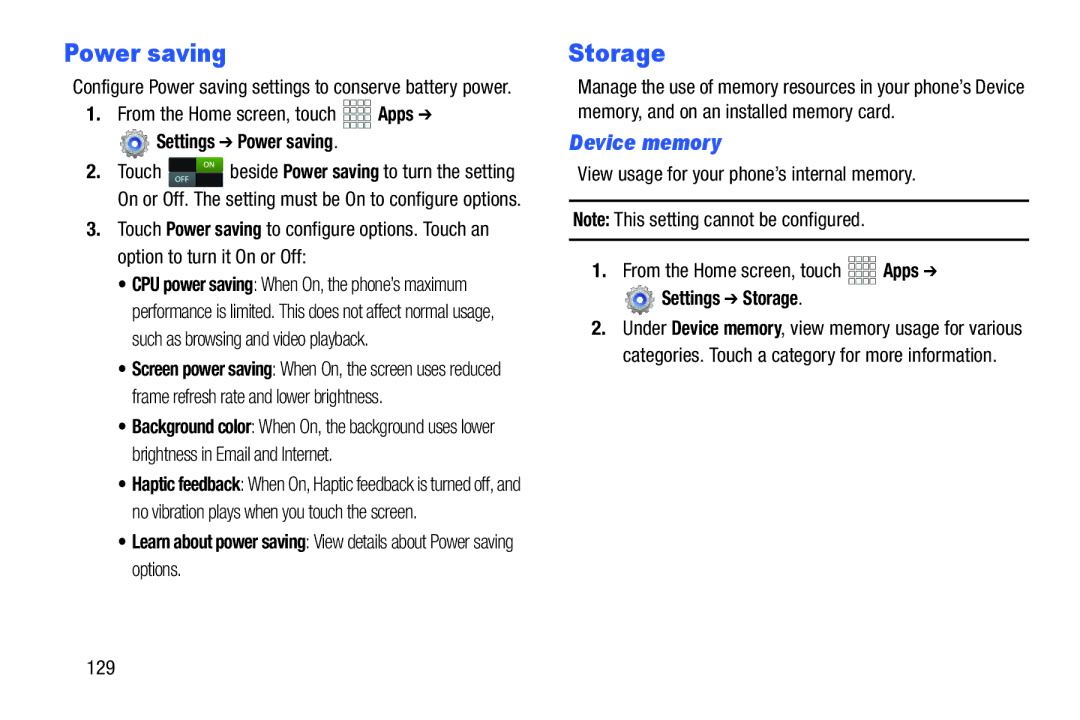 Verizon GH68-36971A manual Device memory, Settings Power saving, Settings Storage 