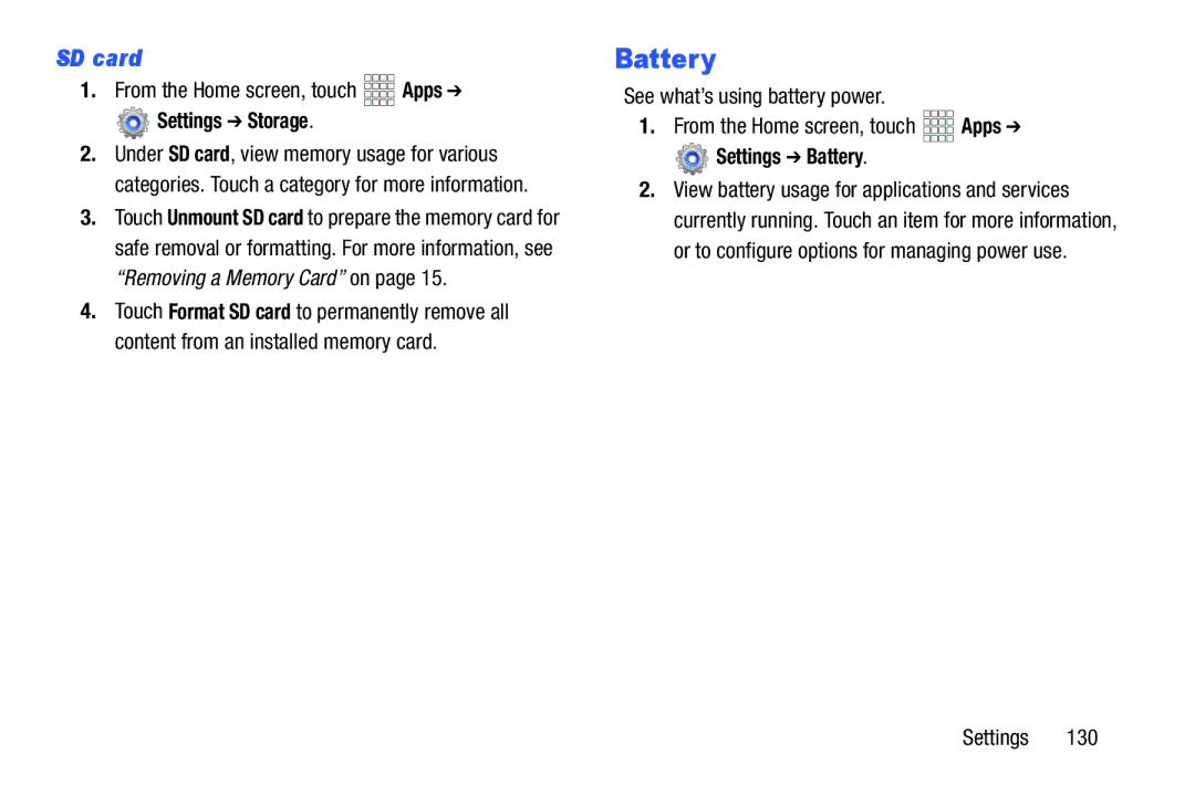 Verizon GH68-36971A manual SD card, Settings Battery 