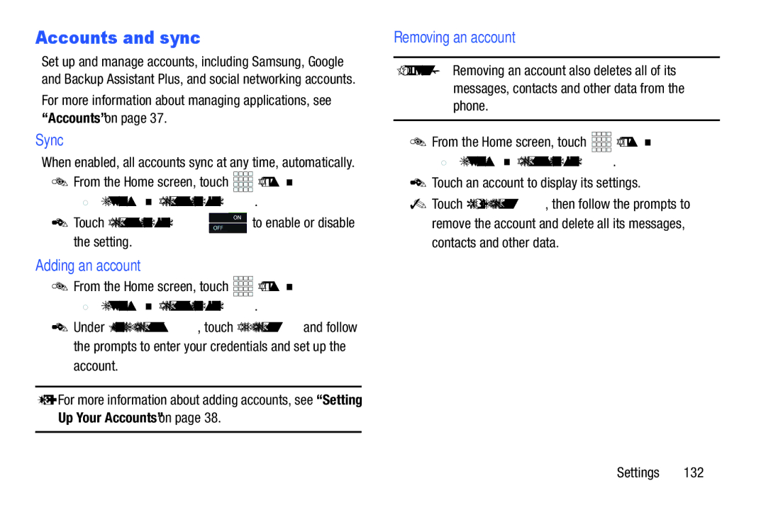 Verizon GH68-36971A manual Sync, Adding an account, Removing an account, Settings Accounts and sync 