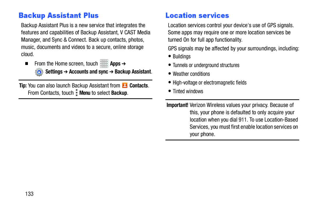 Verizon GH68-36971A manual Backup Assistant Plus, Location services, 133 