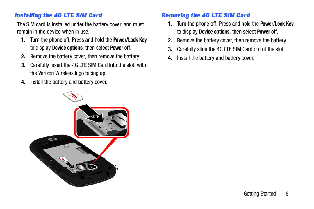 Verizon GH68-36971A Installing the 4G LTE SIM Card, Removing the 4G LTE SIM Card, Install the battery and battery cover 