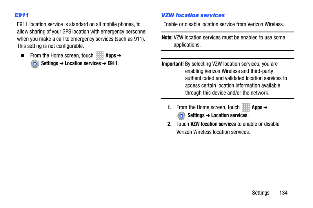 Verizon GH68-36971A manual VZW location services, Settings Location services E911 