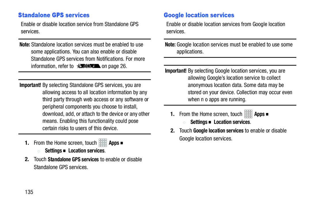 Verizon GH68-36971A manual Standalone GPS services, Google location services, 135 