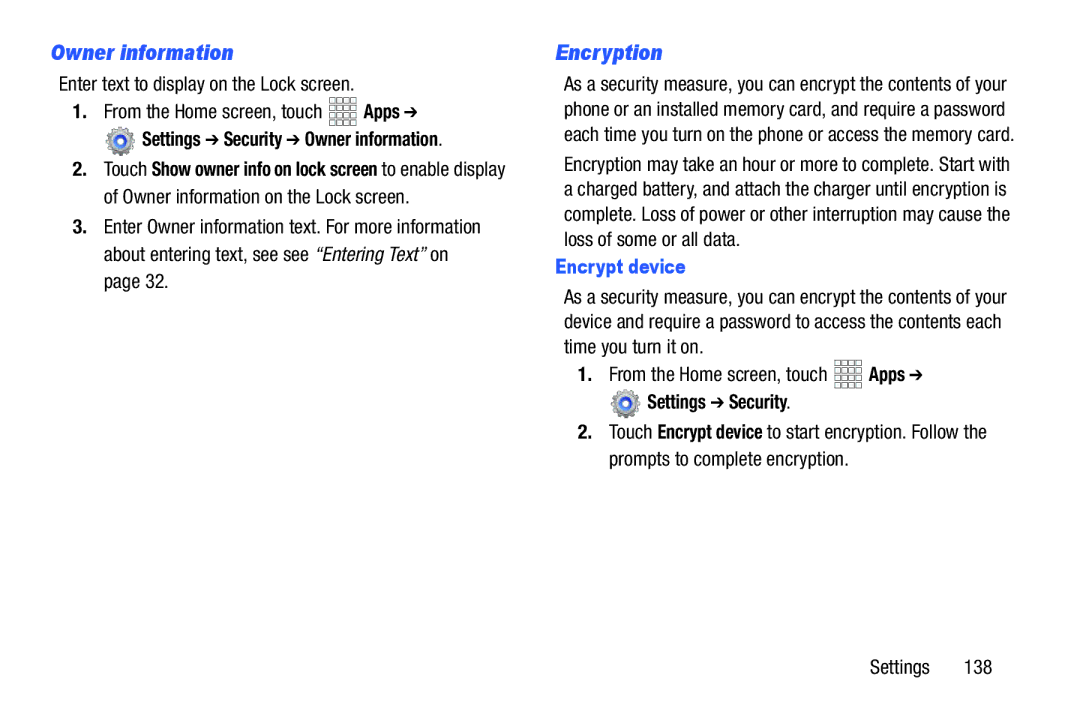 Verizon GH68-36971A manual Owner information, Encryption, Encrypt device 