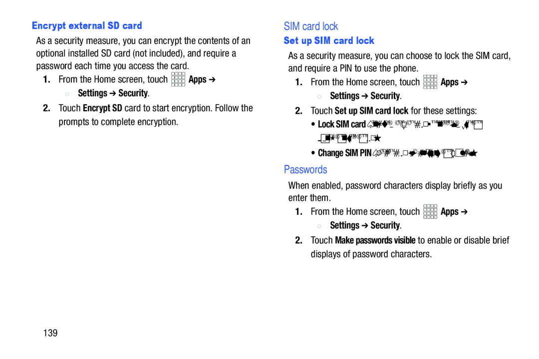 Verizon GH68-36971A manual Passwords, Encrypt external SD card, Set up SIM card lock, 139 