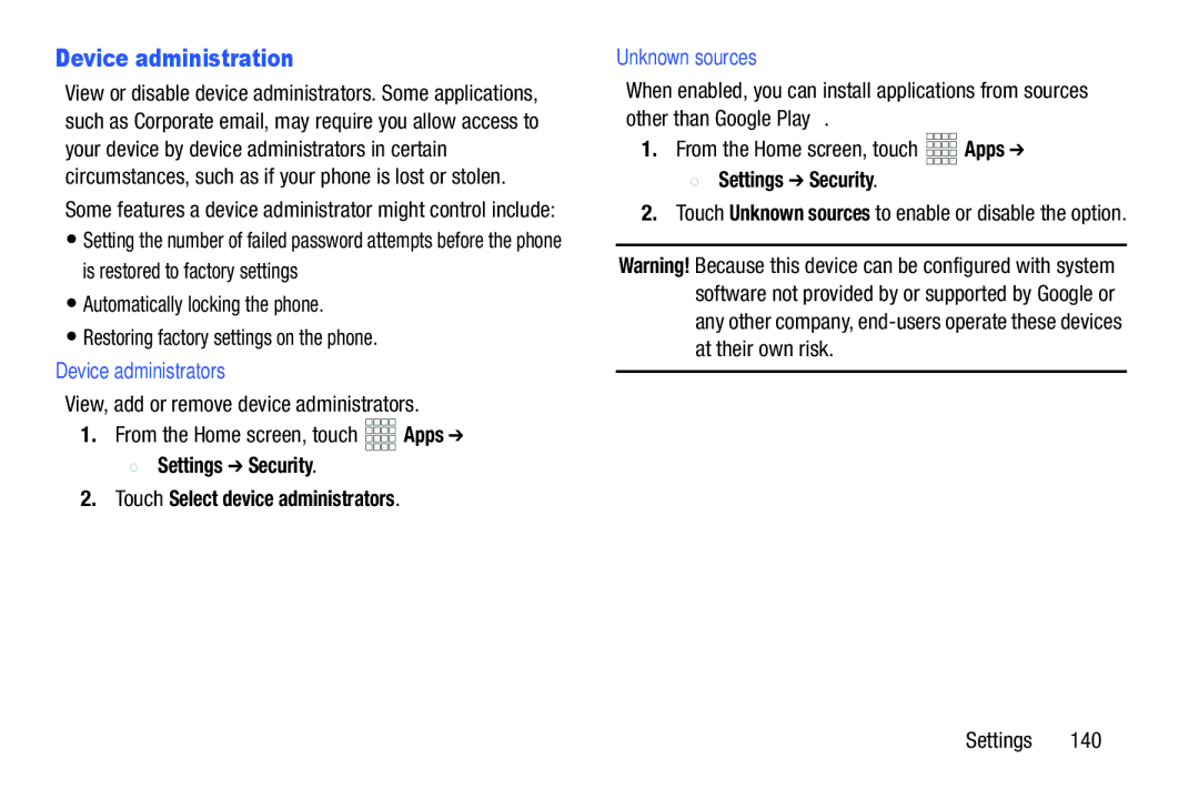 Verizon GH68-36971A Device administration, Device administrators, Settings Security Touch Select device administrators 