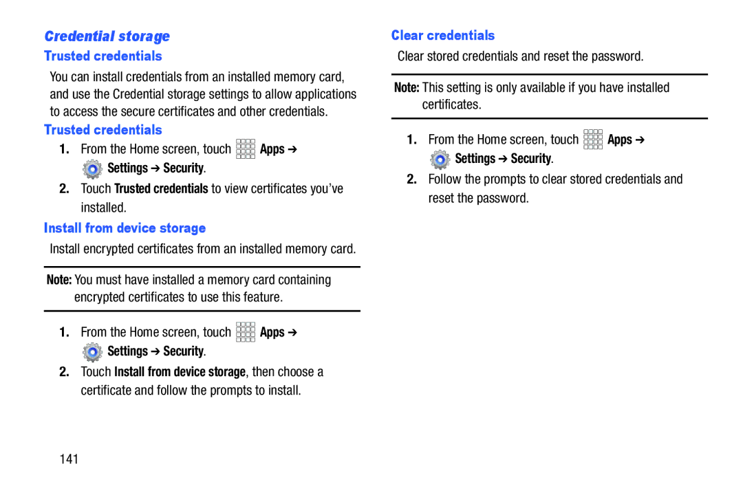 Verizon GH68-36971A manual Credential storage, Trusted credentials, Install from device storage, Clear credentials 