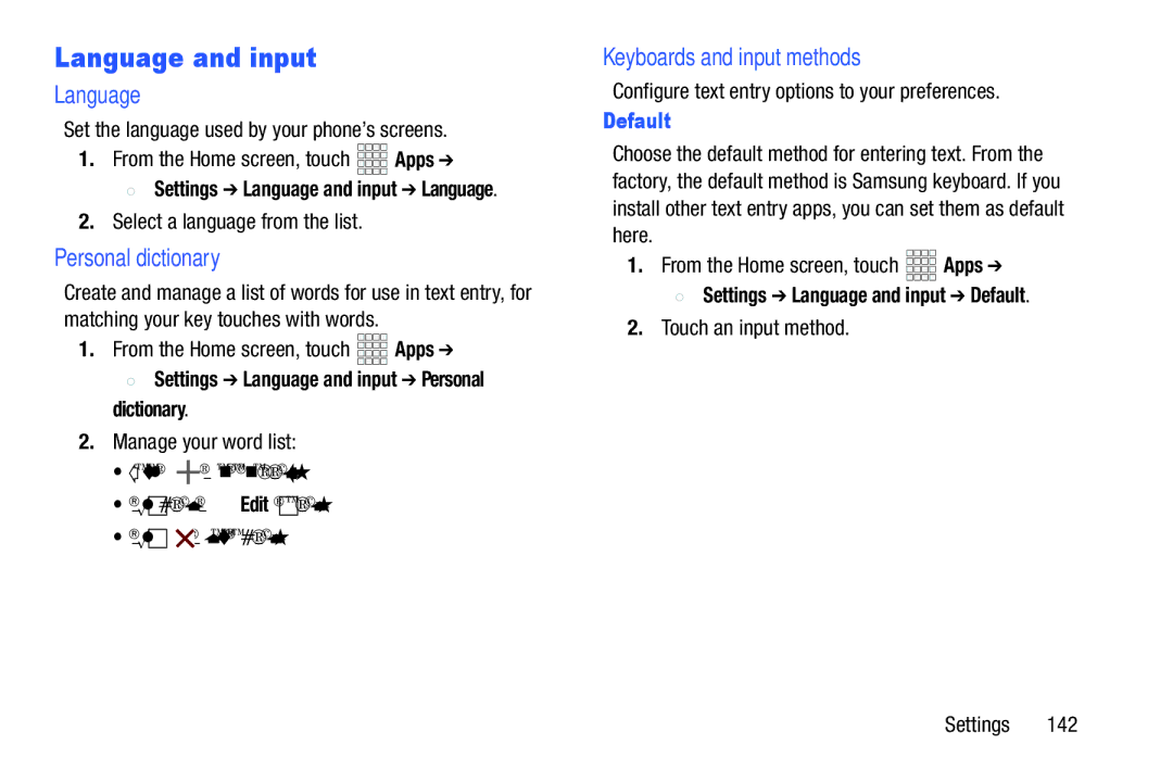 Verizon GH68-36971A manual Language and input, Personal dictionary, Keyboards and input methods, Default 