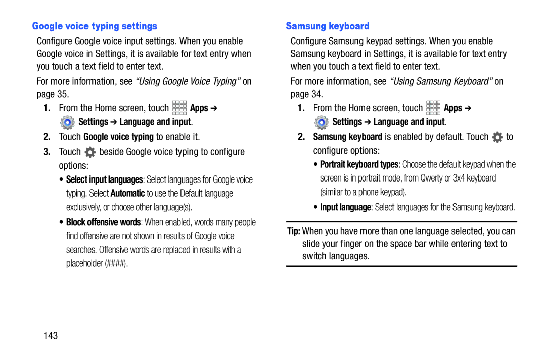 Verizon GH68-36971A Google voice typing settings, Touch beside Google voice typing to configure options, Samsung keyboard 