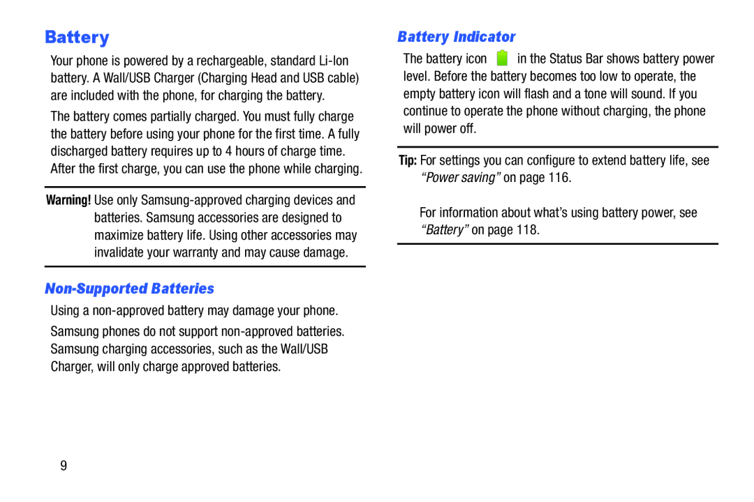 Verizon GH68-36971A Non-Supported Batteries, Battery Indicator, Using a non-approved battery may damage your phone 